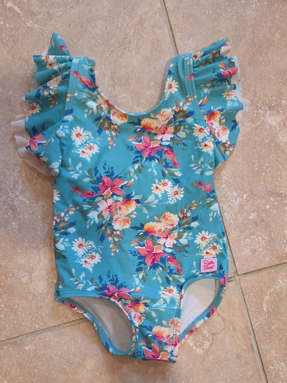 Ruffle Butts Teal Floral Ruffle Sleeve One-Piece